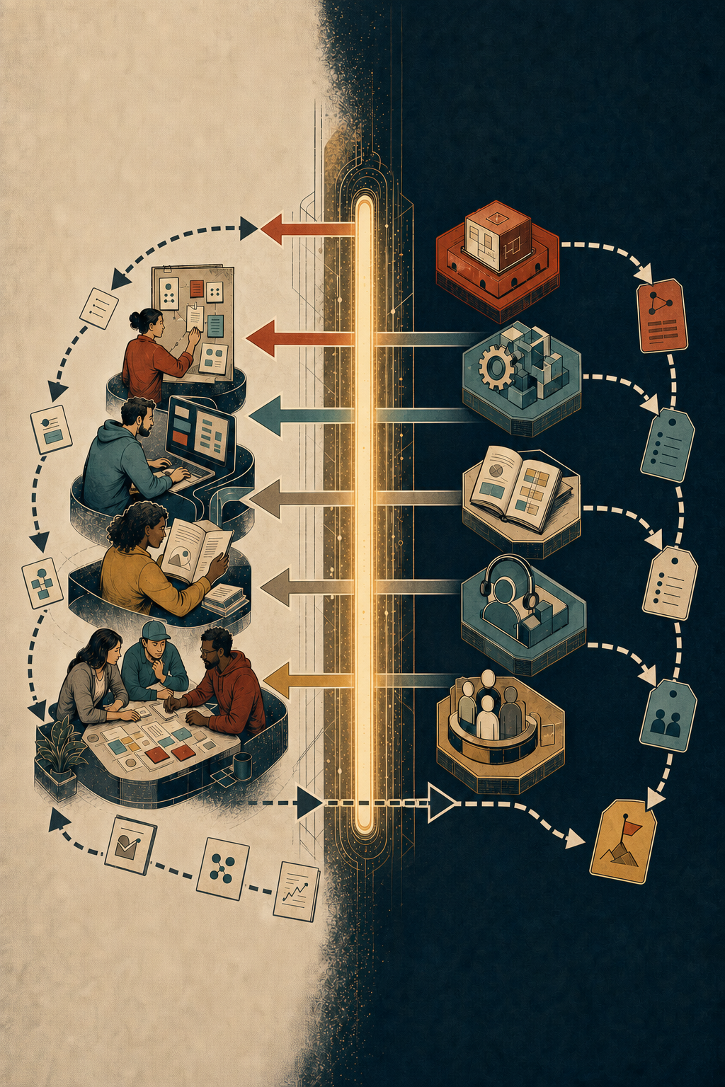 Developers and community exchange working artifacts, field evidence, and decisions with product and engineering through a luminous interface.
